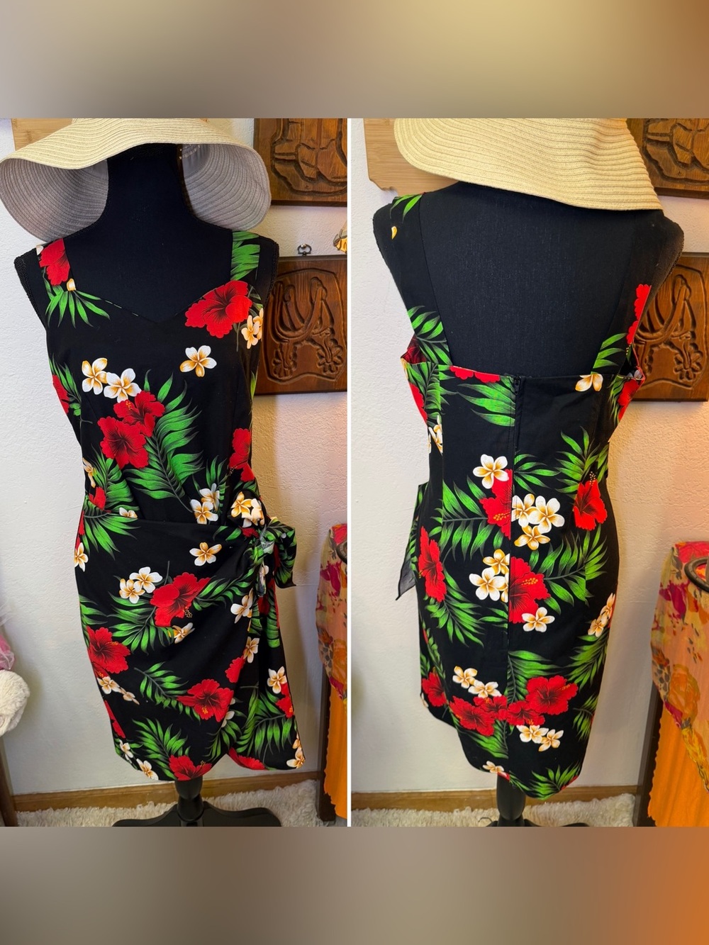 Evergreen Island Made In Hawaii Tropical Floral Wrap Dress Black Hibiscus LARGE